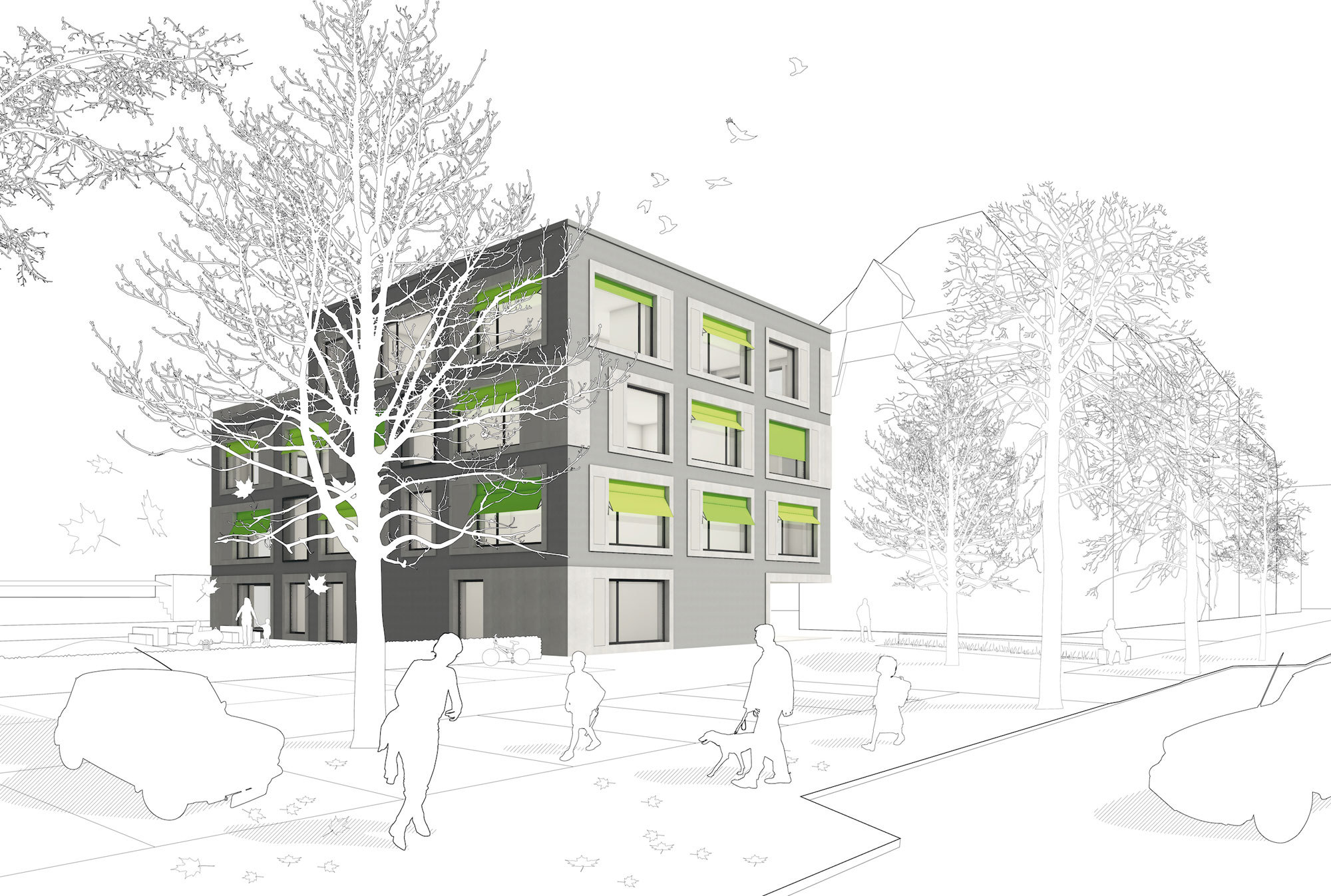 SAZ Betreuungsgebäude Schulanlage Ämtler in Zürich (CH) | Visualisierung: Stephan Bosse